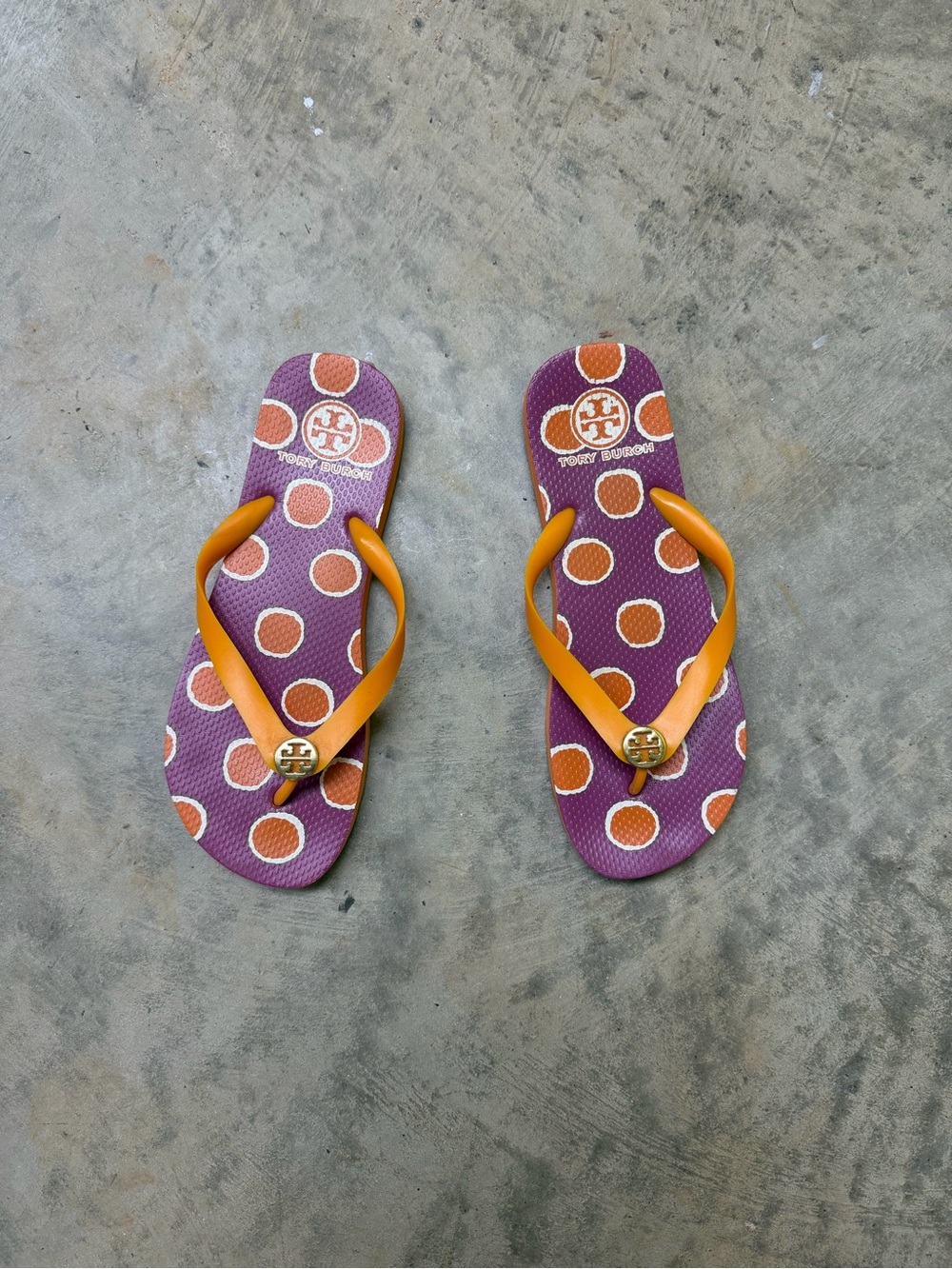 Tory Burch Purple Polka Dot Flip Flop Sandals with Orange Straps